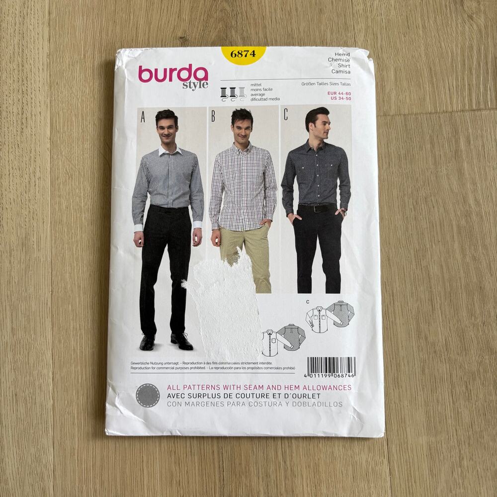 Burda Style NEW Men's Shirt Pattern Number 6874 Sizes 34-50